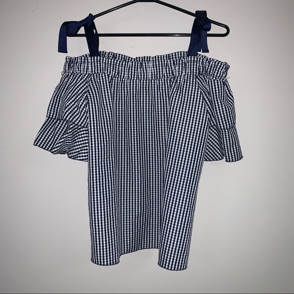 Navy Gingham  Off the Shoulder Top - Picture 2 of 3